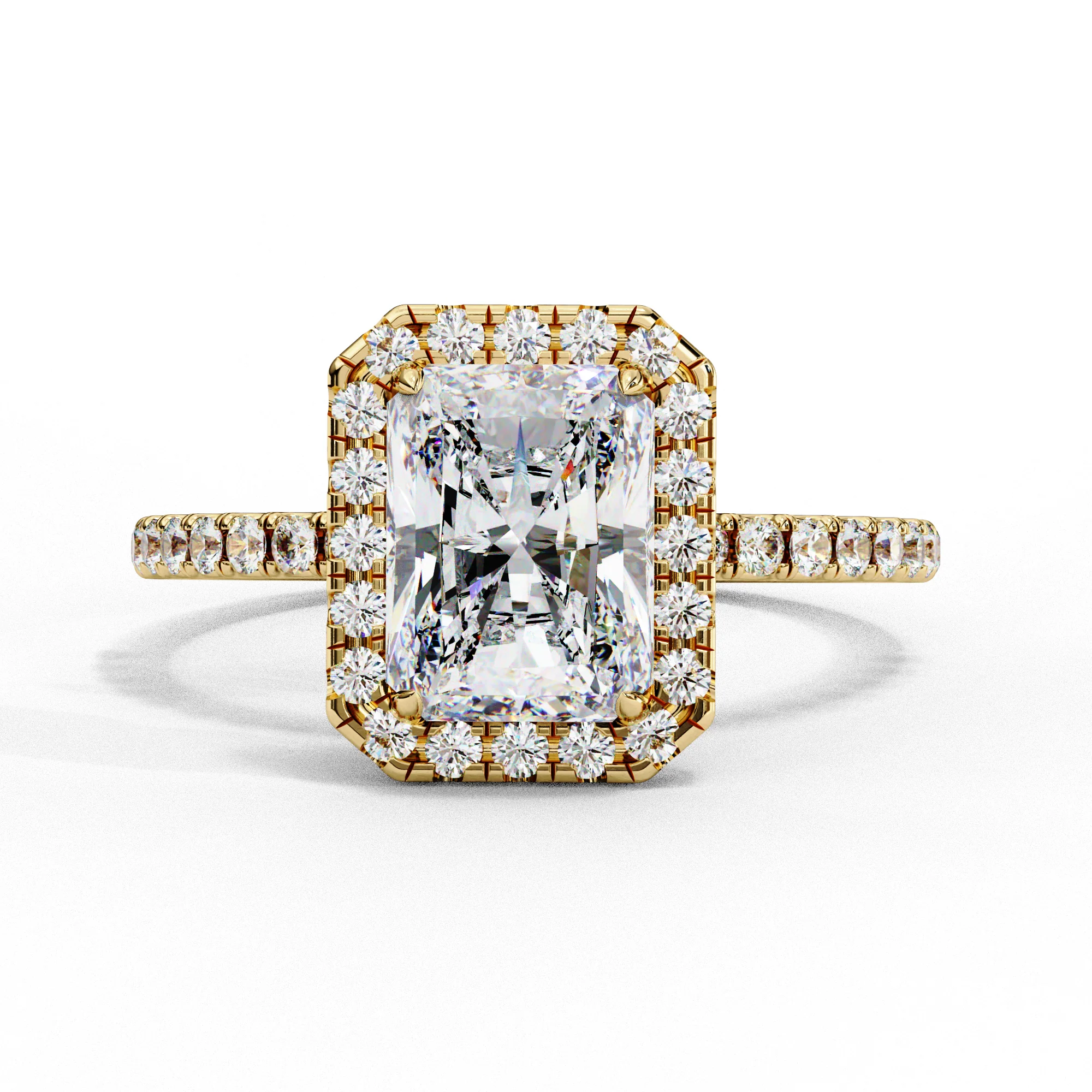 Radiant Shaped Synthetic Diamond Halo Engagement Ring — Engagement Rings