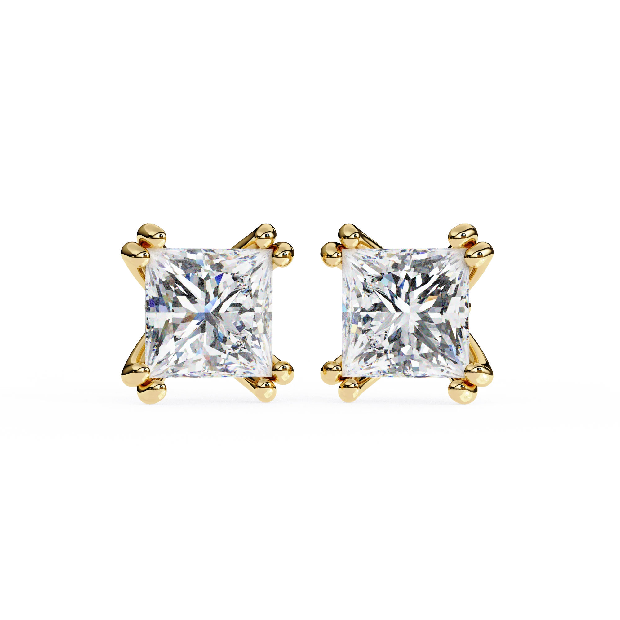 Boucles d'oreilles à tige en diamant de laboratoire en forme de princesse 3 carats - Or jaune 10 carats — Boucles D'oreilles