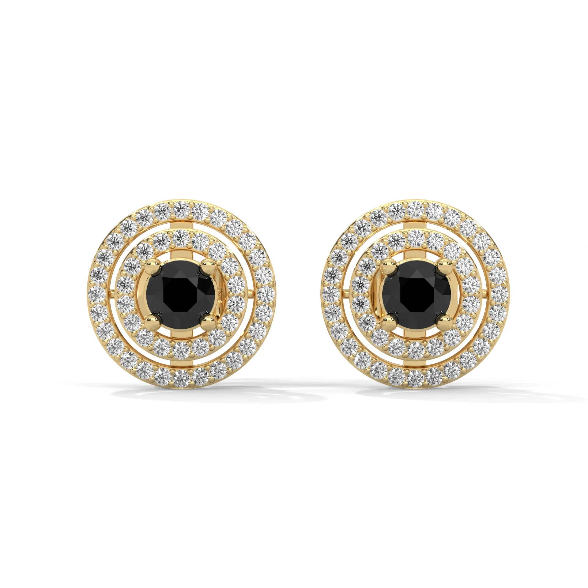 Boucles d'oreilles de luxe avec halo de diamants noirs et blancs de taille ronde de 2,20 ct - Or jaune 10 carats — Boucles D'oreilles