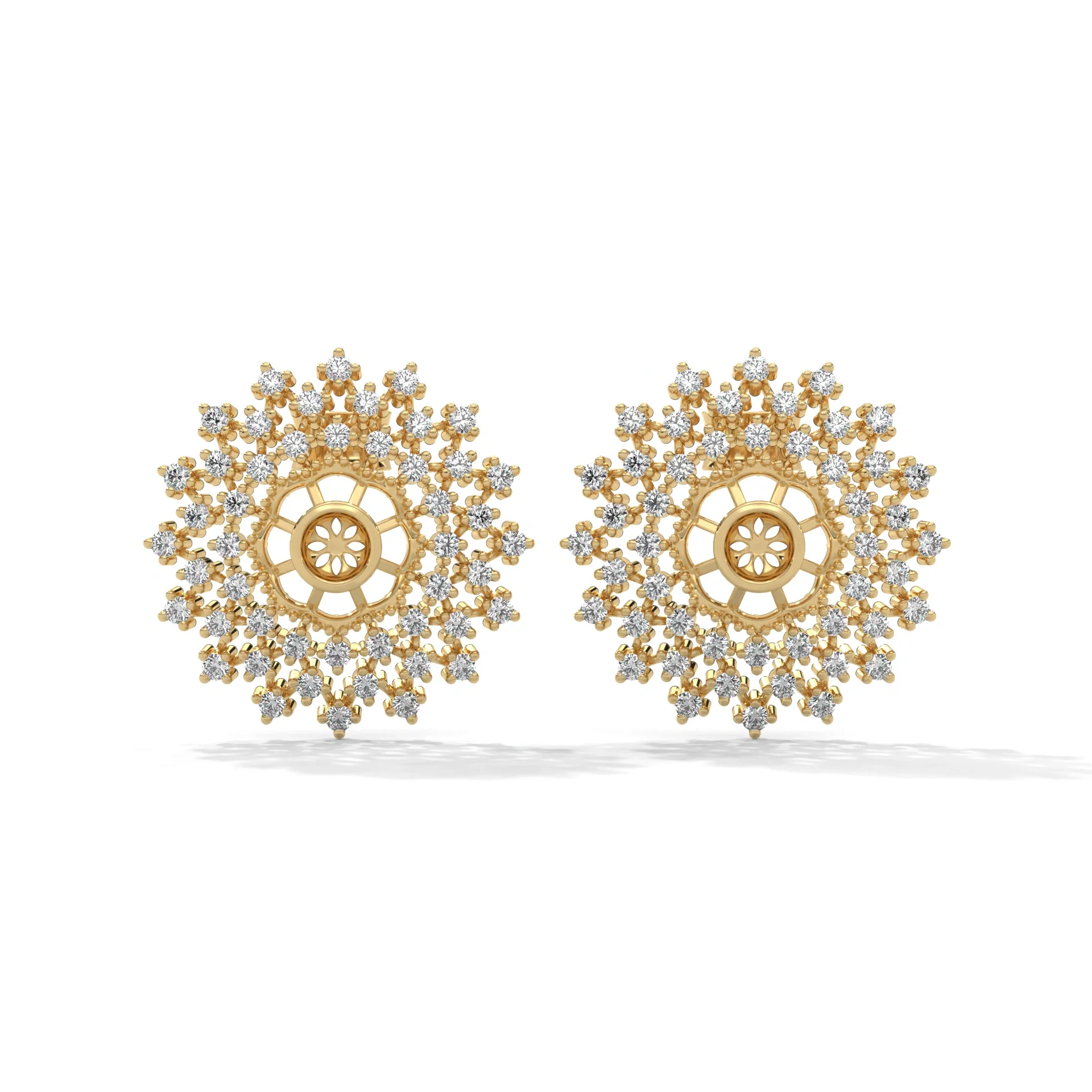Boucles d'oreilles à tige en diamant de 0,96 carat avec motif floral mandala - Or jaune 10 carats / Diamant de laboratoire — Boucles D'oreilles
