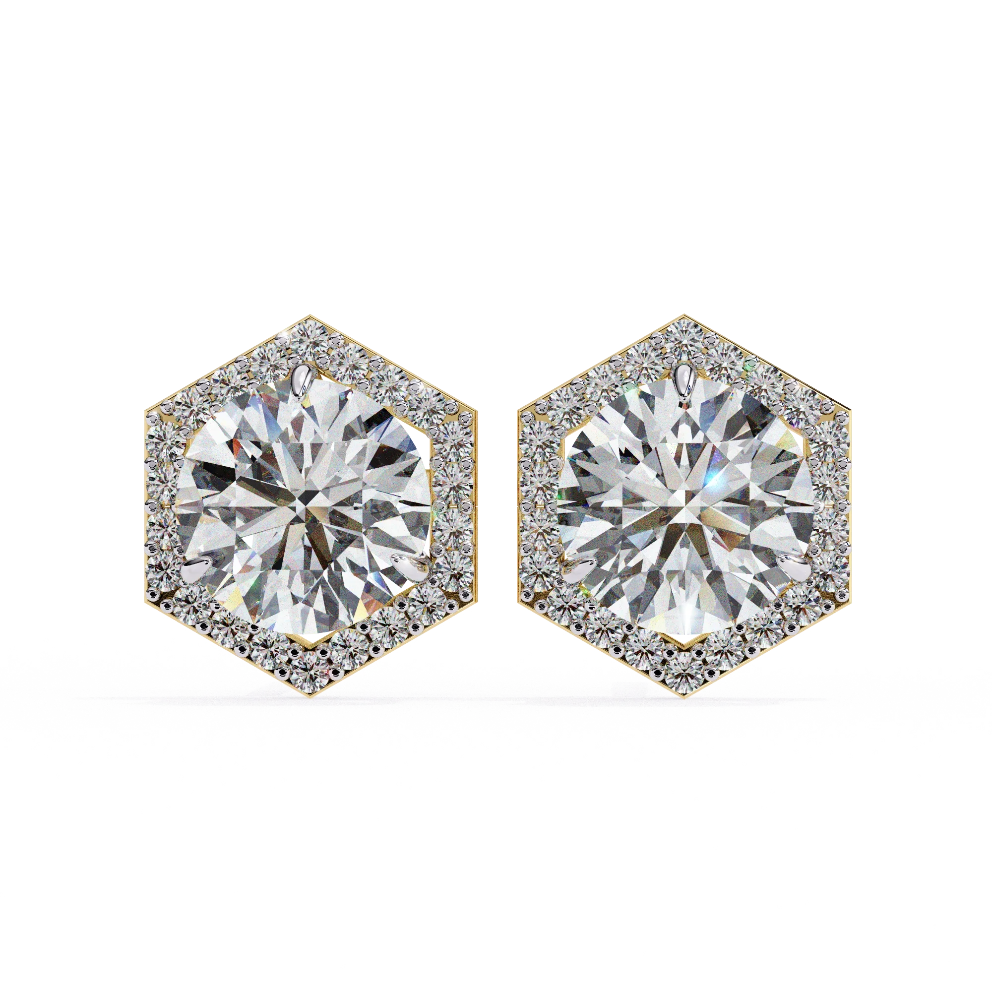 Boucles d'oreilles diamant rond 2,1 carats Hexagon Halo Design - Or jaune 10K / Diamant de laboratoire — Boucles D'oreilles