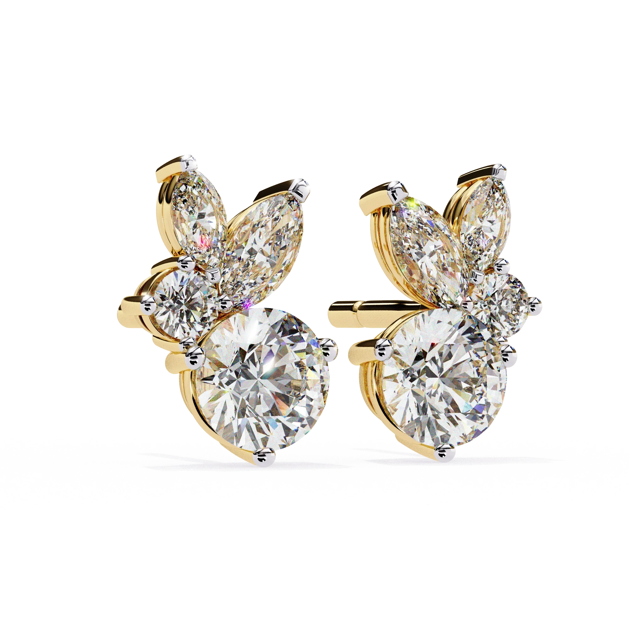 Boucles d'oreilles à tige en diamant de 1,60 carat avec motif floral en grappe de feuilles - Or jaune 10 carats / Diamant de laboratoire — Boucles D'oreilles