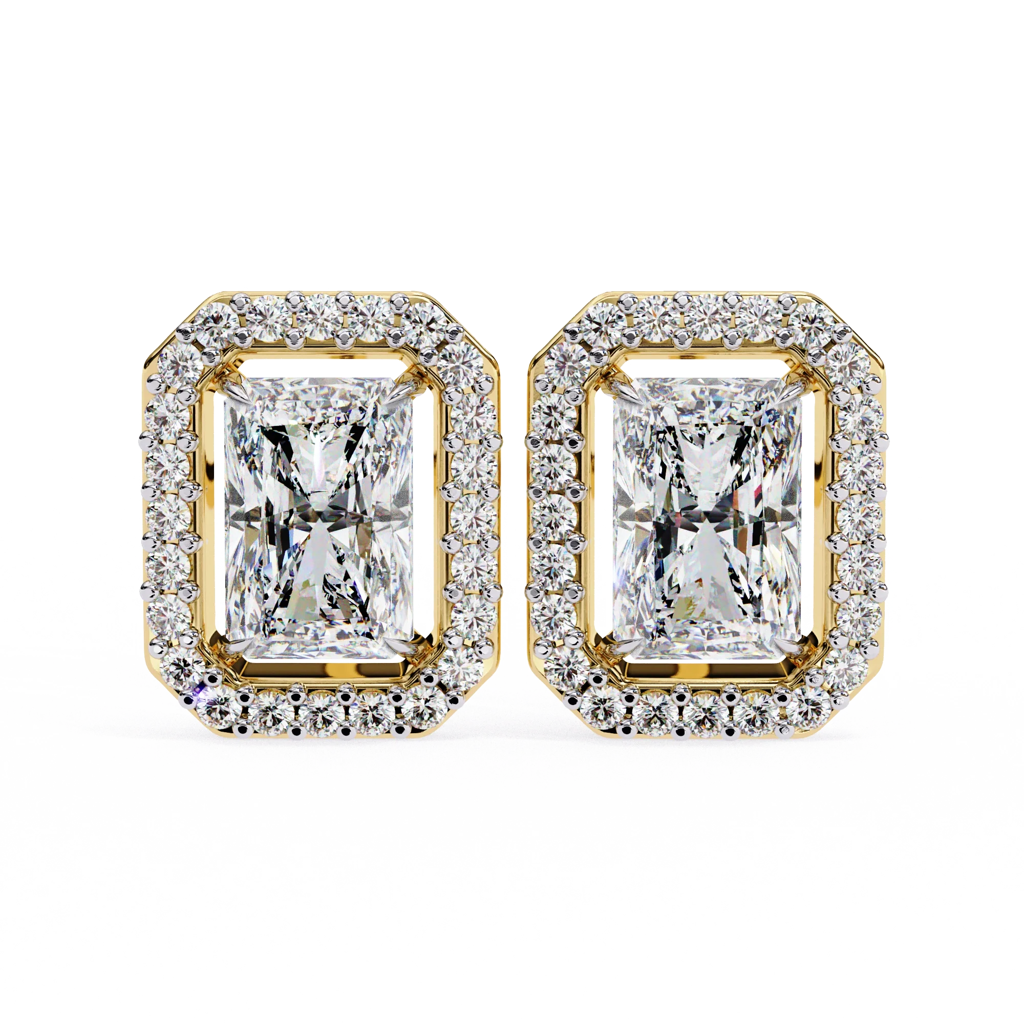 Boucles d'oreilles à tige en diamant taille radiant de 1,36 carat avec motif halo - Or jaune 10 carats / Diamant de laboratoire — Boucles D'oreilles