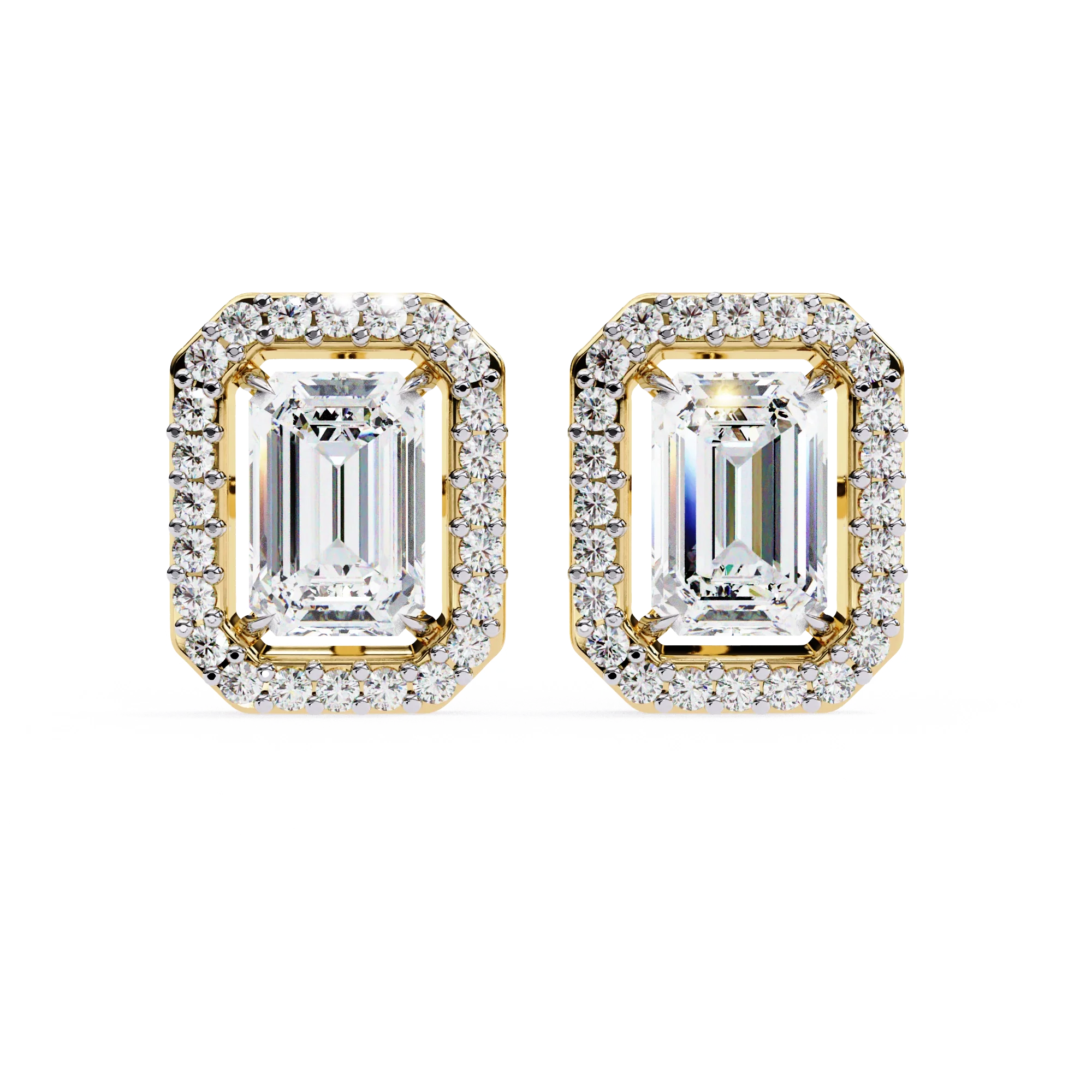 Boucles d'oreilles halo de diamants taille émeraude de 1,90 carats pour femmes - Or jaune 10 carats / Diamant de laboratoire — Boucles D'oreilles