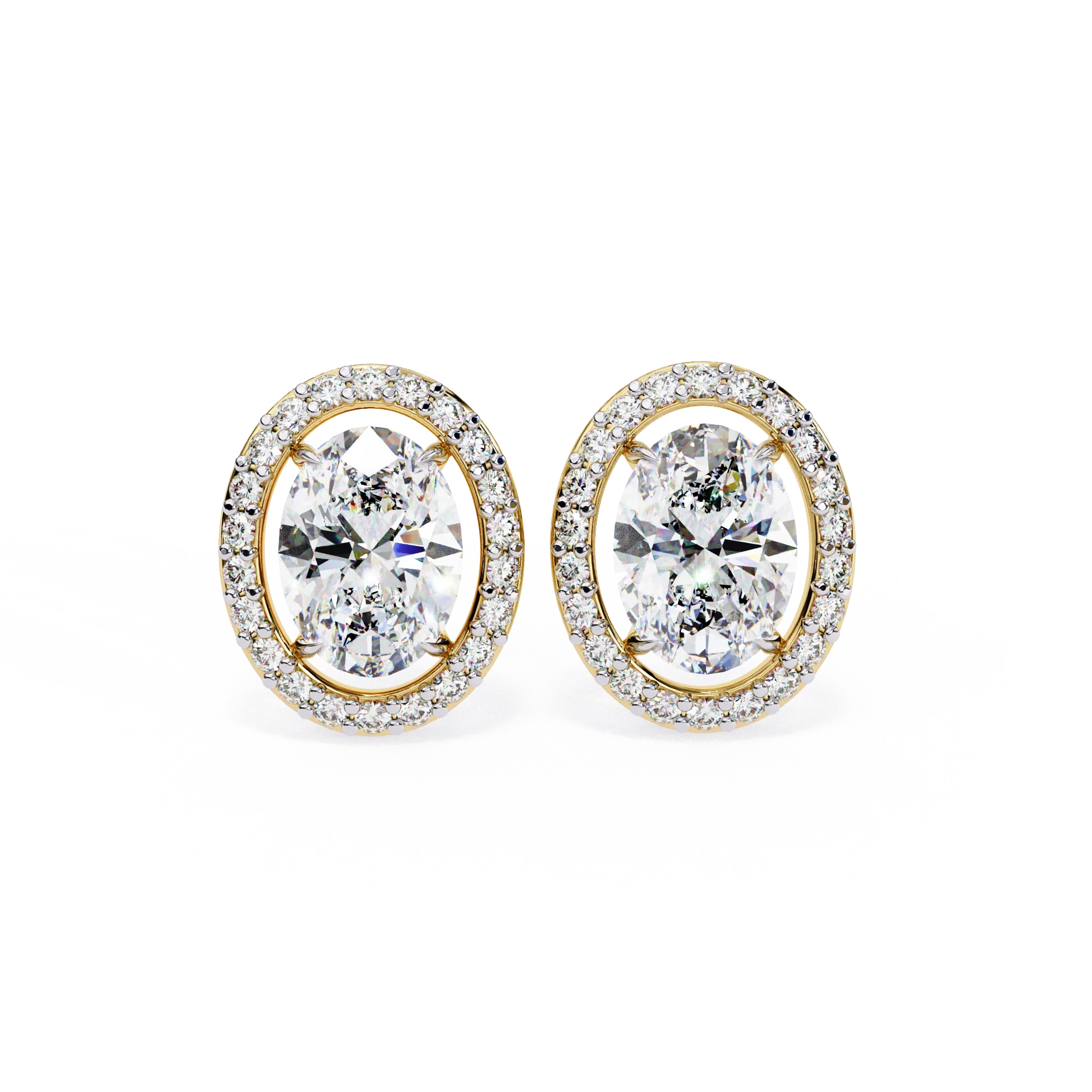 Boucles d'oreilles halo de diamants ovales de 3,20 carats en or - Or jaune 10 carats / Diamant de laboratoire — Boucles D'oreilles