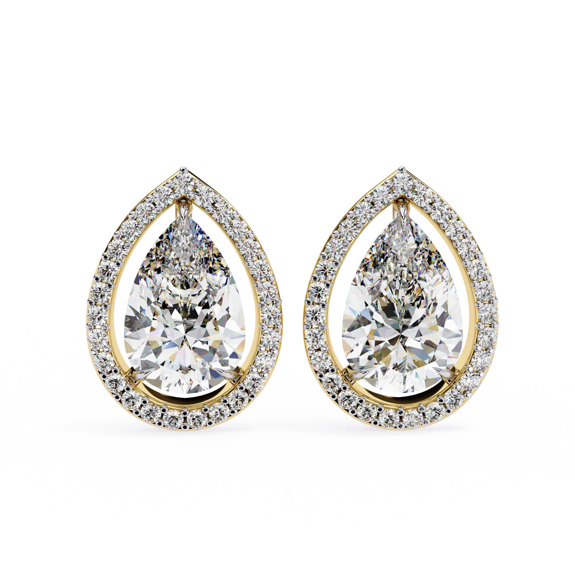 Boucles d'oreilles halo de diamants poire de 3,42 carats en or et platine - Or jaune 10 carats / Diamant de laboratoire — Boucles D'oreilles
