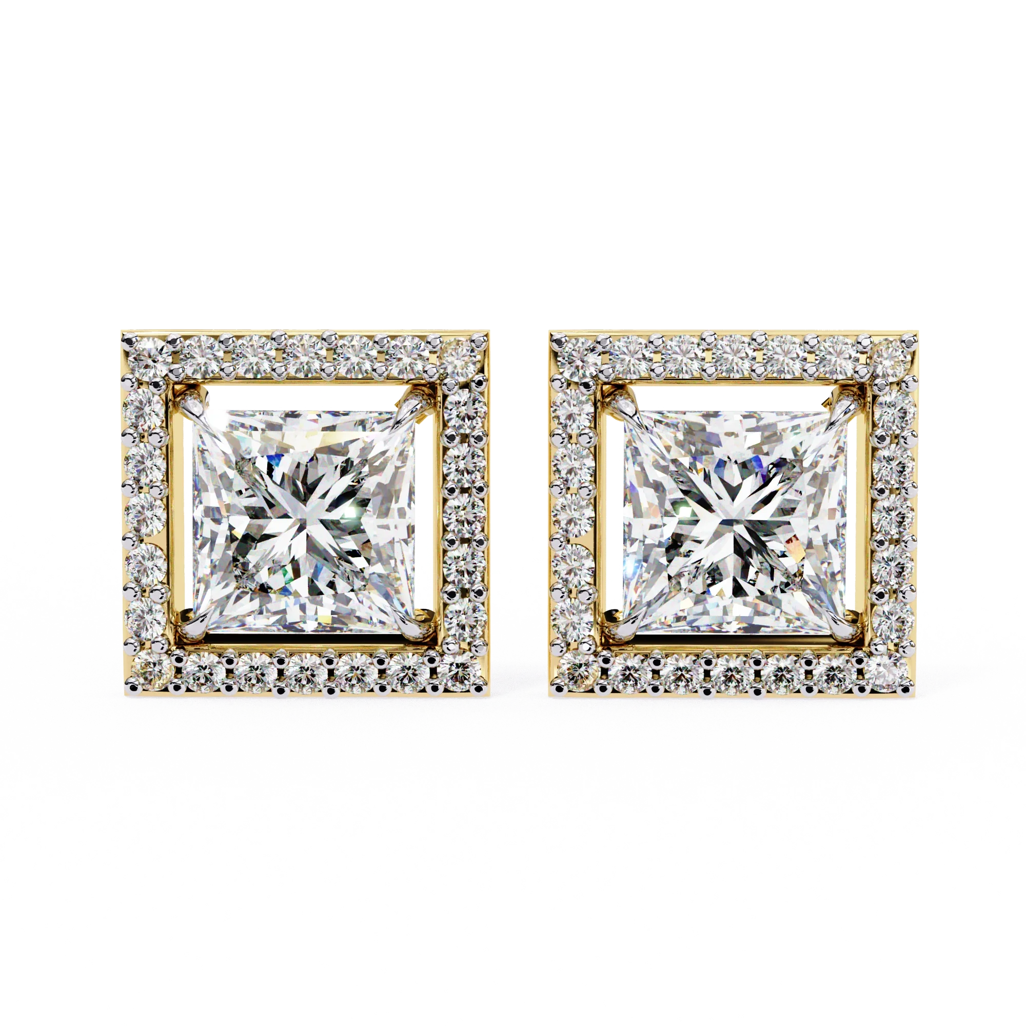 Boucles d'oreilles à tige halo de diamants taille princesse de 2,46 carats avec motif halo carré - Or jaune 10 carats / Diamant de laboratoire — Boucles D'oreil