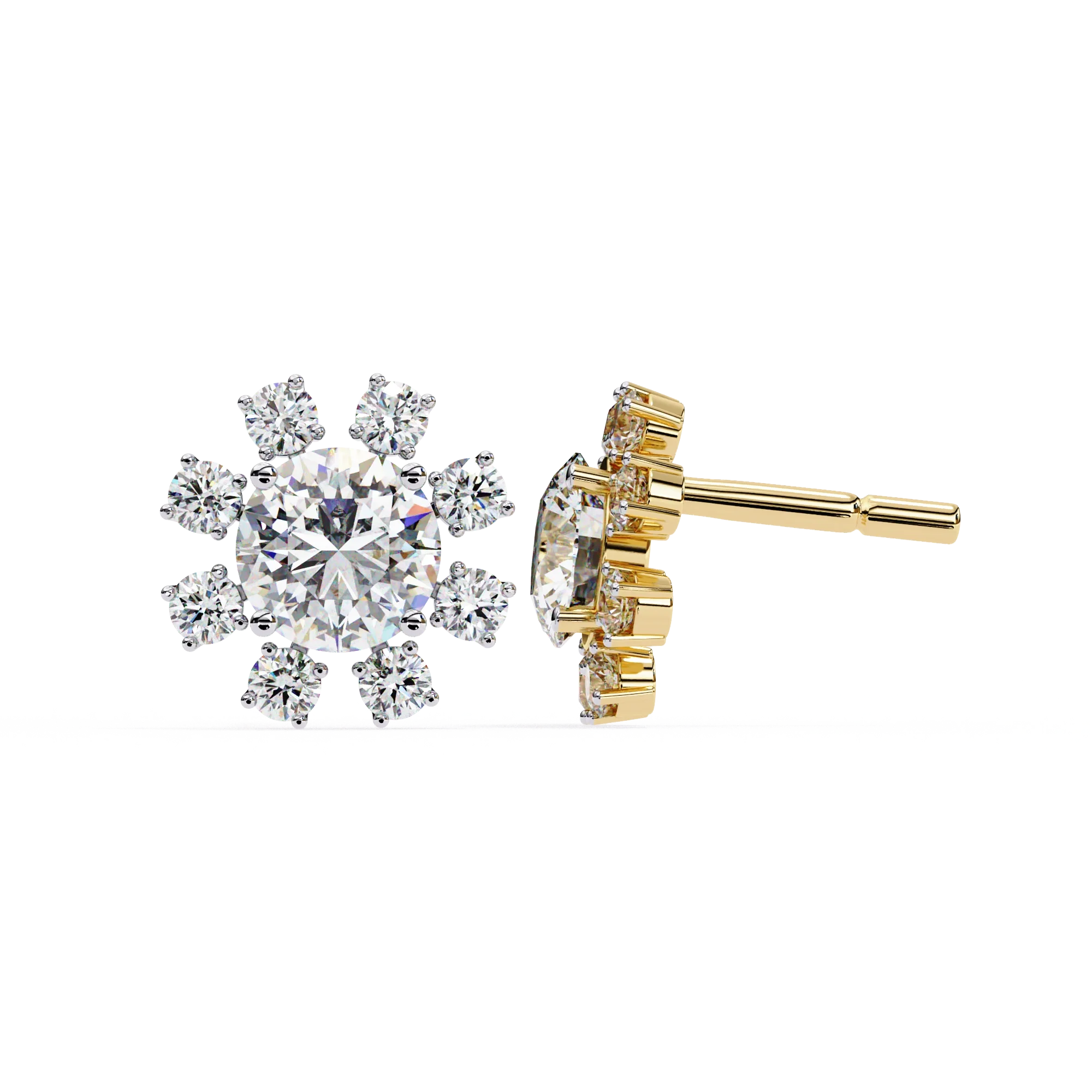Boucles d'oreilles à tige en diamant à grappe florale de 1,40 carat pour femme avec pierre centrale ronde - Or jaune 10 carats / type de pierre — Boucles D'orei