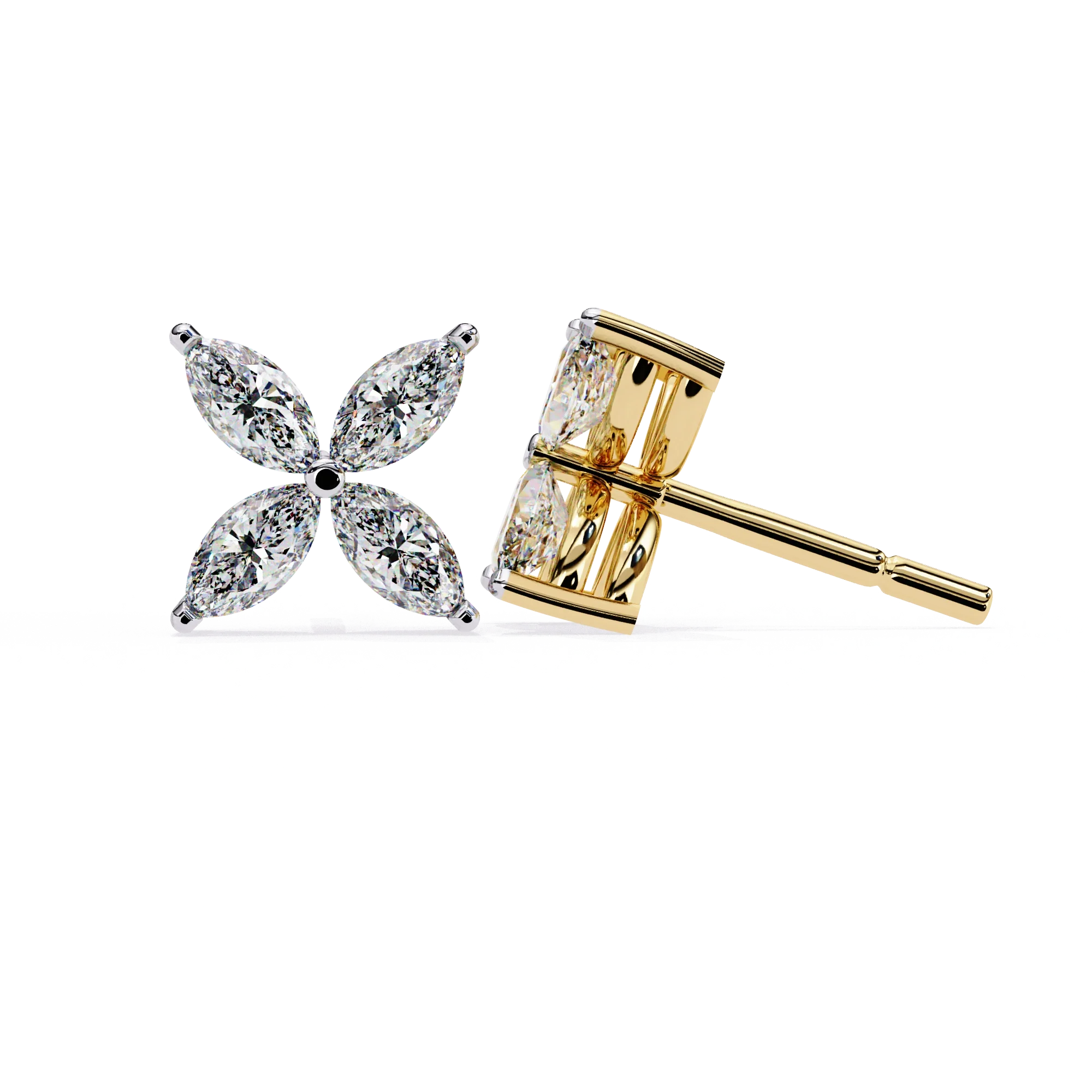 Boucles d'oreilles à tige en diamant de 1,12 carats - Motif marquise floral - Or jaune 10 carats / Diamant de laboratoire — Boucles D'oreilles