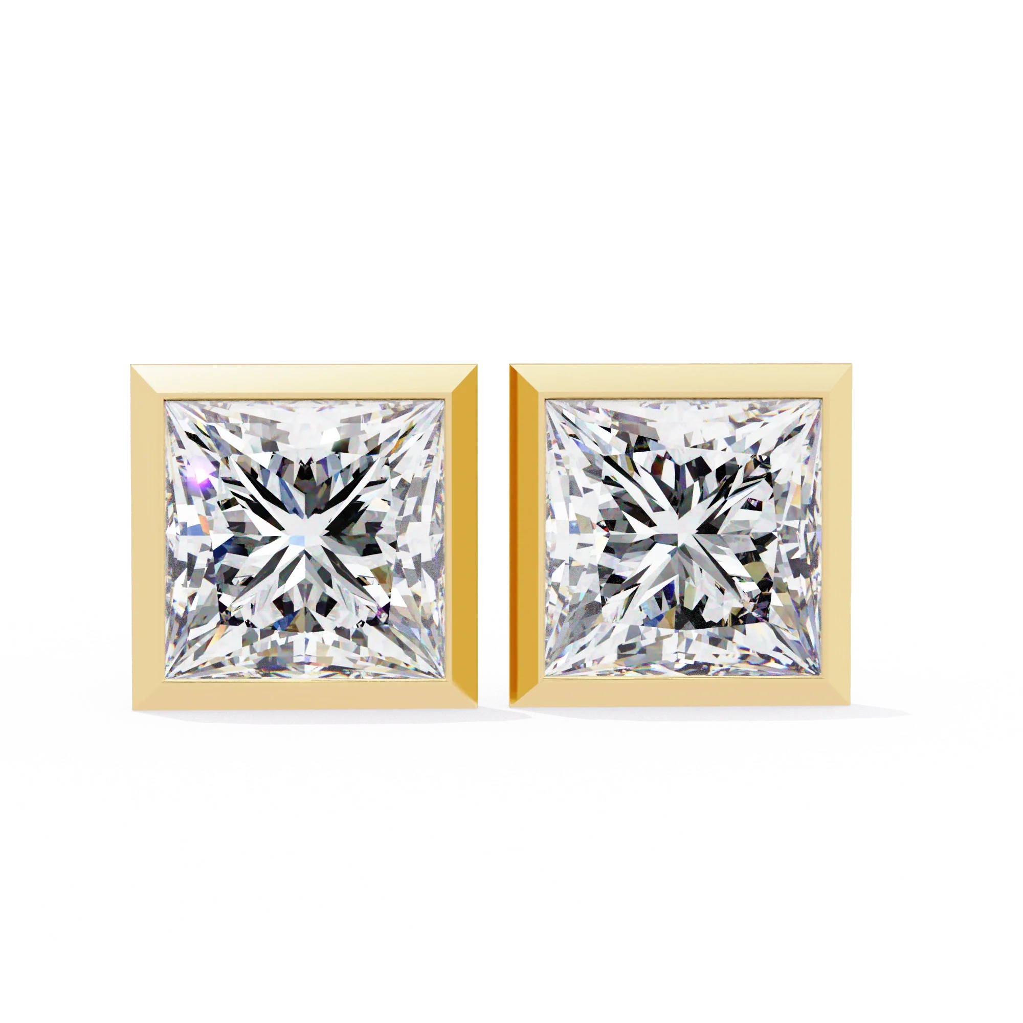 2 Carat Square Diamond Earrings Studs With Flat Back Setting - 10K Yellow Gold / Lab Diamond