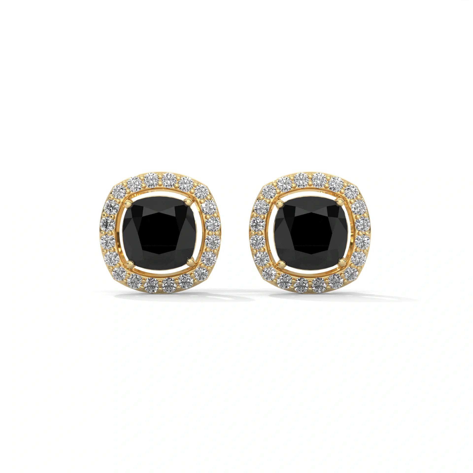 3.8 Ct Cushion Cut Diamond Halo Black Diamond Stud Earrings - 10K Yellow Gold