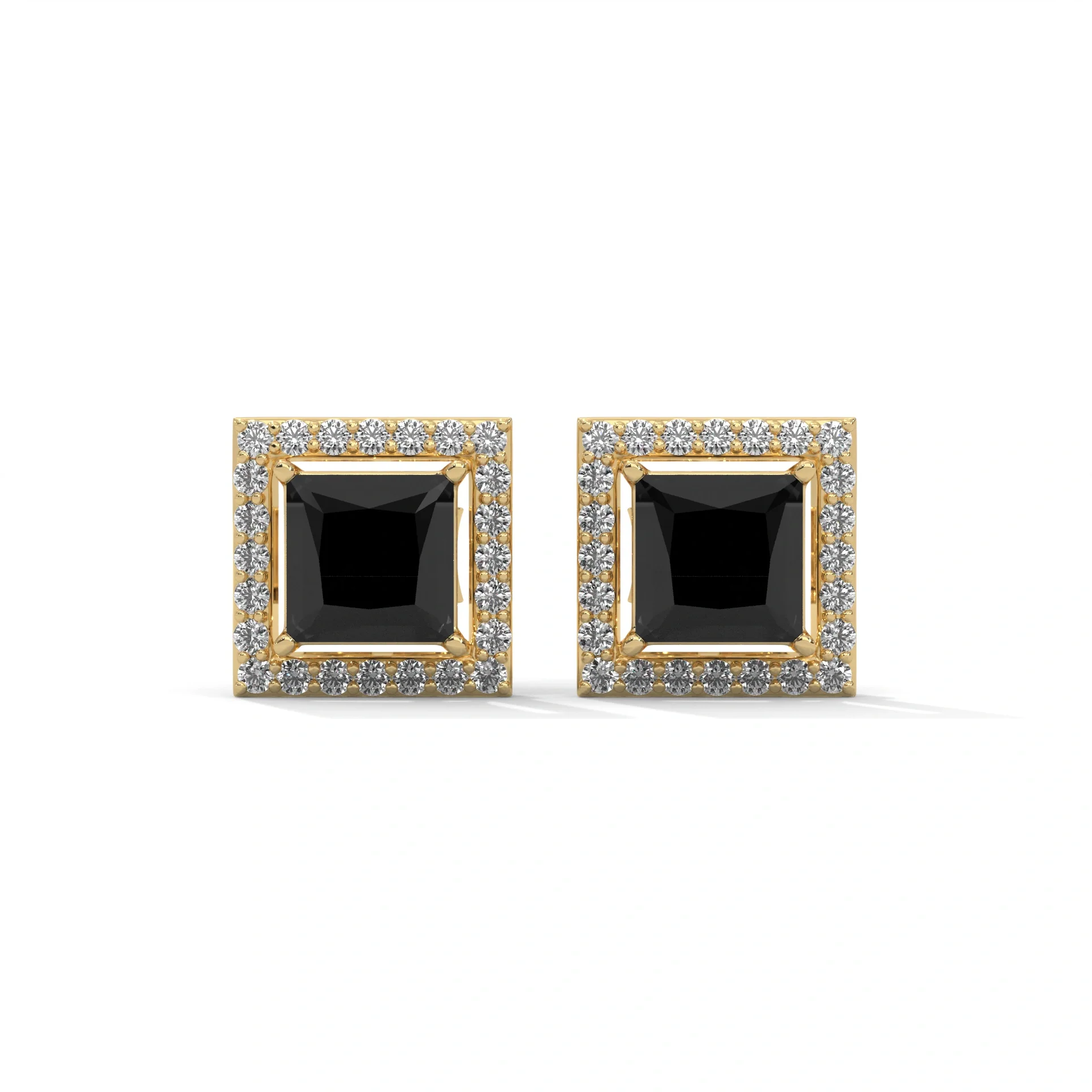 Boucles d'oreilles à tige halo de diamants noirs taille princesse de 3,09 carats à l'arrière vissé - Or jaune 10 carats