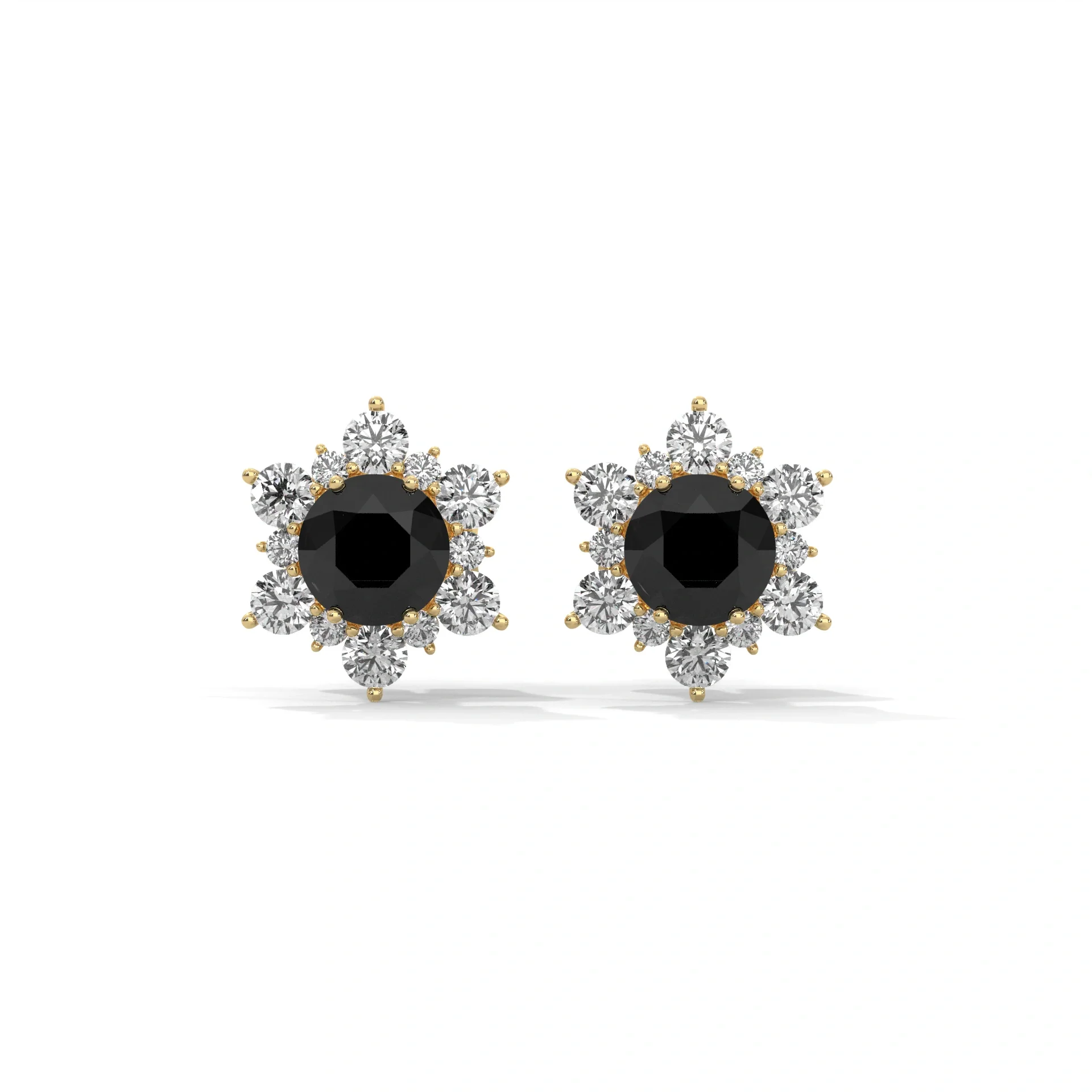 1 Carat Round Cut Floral Halo Black Diamond Stud Earrings Screw Back - 10K Yellow Gold