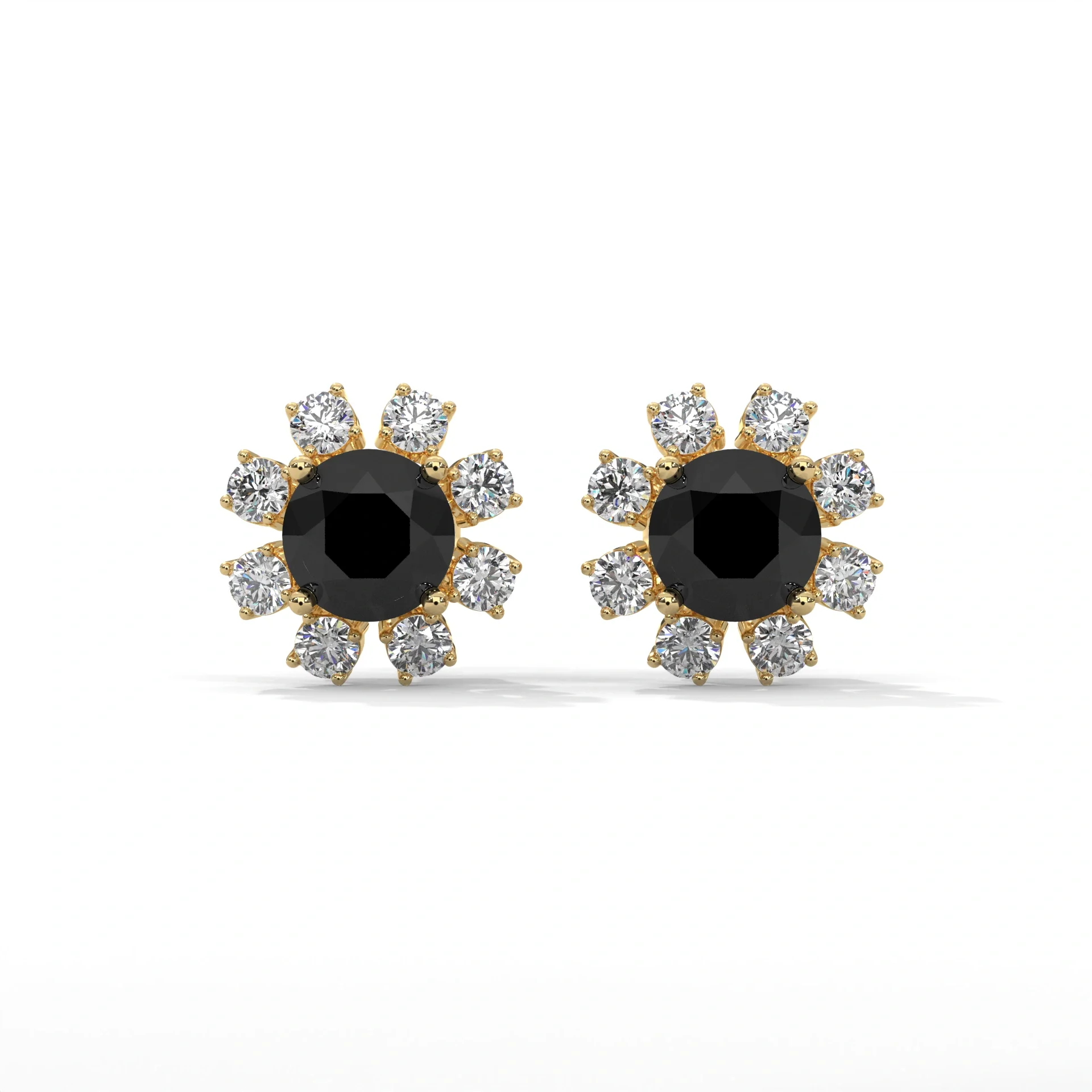 Boucles d'oreilles en diamant noir taille ronde Halo floral 1,40 carat à l'arrière vissé - Or jaune 10 carats