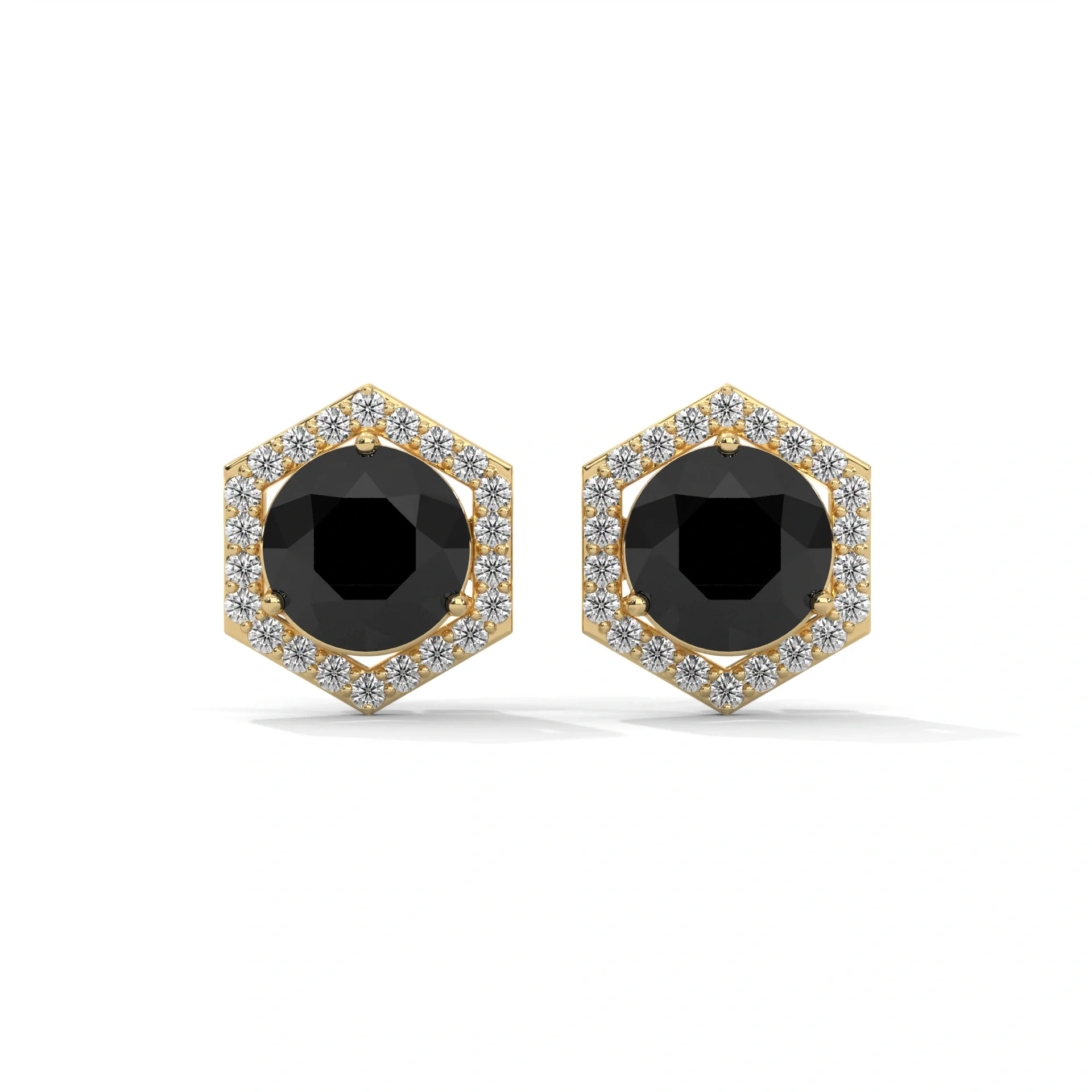 2.84 Ct Black Diamond Hexagon Halo Stud Earrings With Screw Back - 10K Yellow Gold
