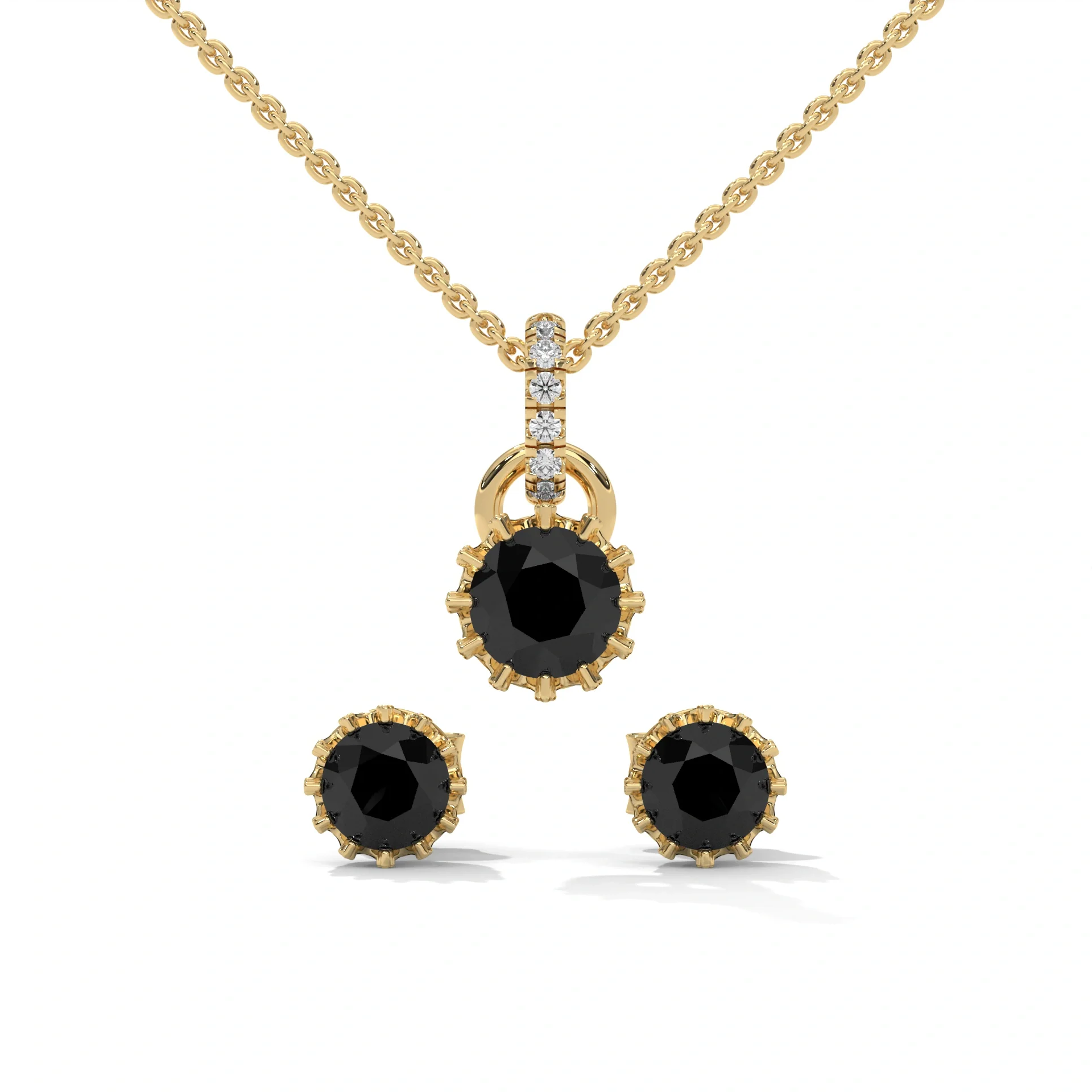 Round Cut Natural Black Diamond Pendant & Stud Earrings Set — Pendant Necklace
