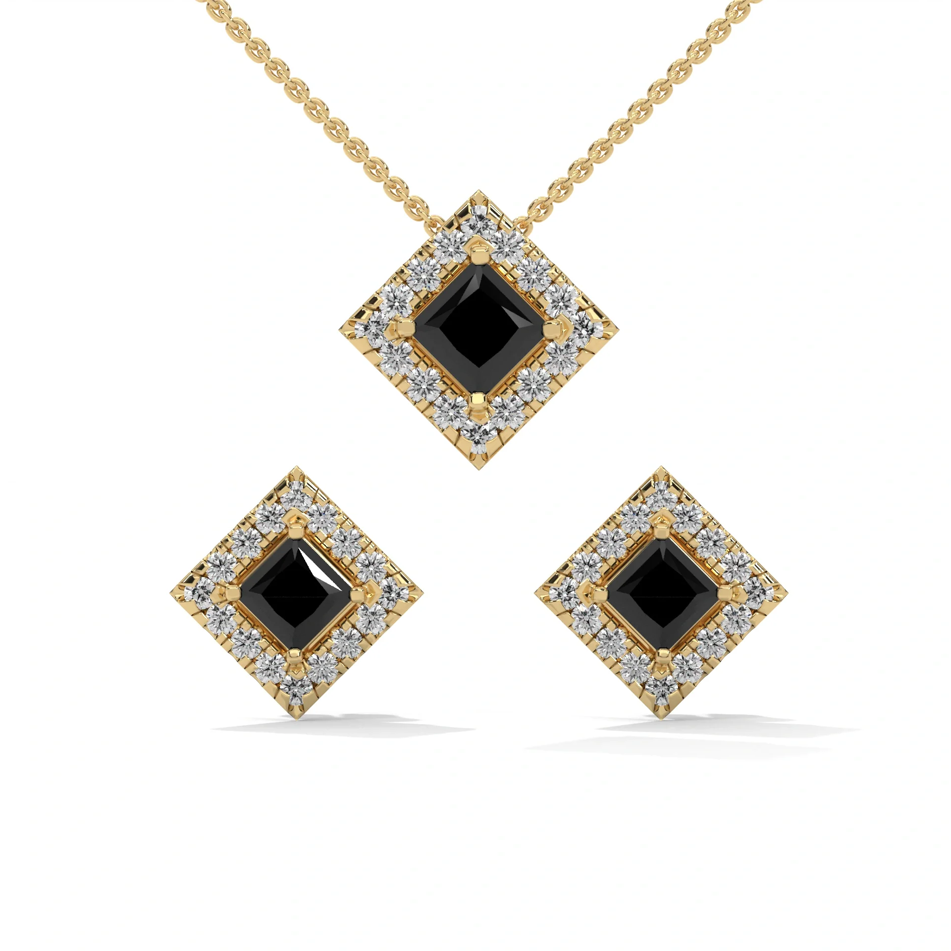 Princess Cut Black Diamond Pendant and Earrings Set — Pendant Necklace