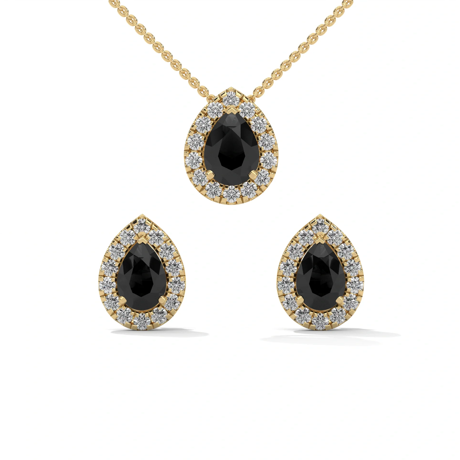 Pear Shaped Black Diamond Halo Pendant & Stud Earrings Set — Pendant Necklace