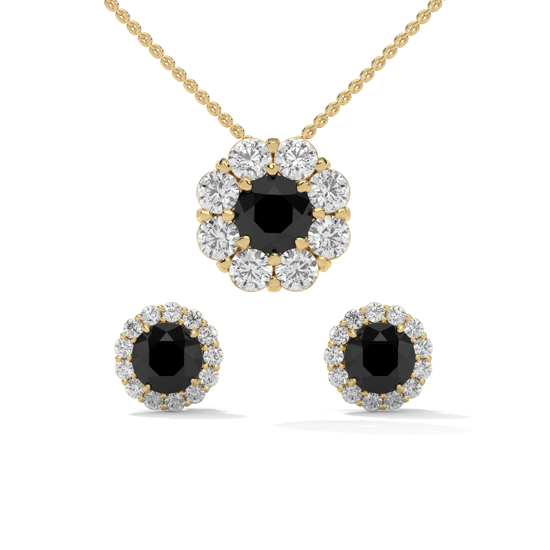 Round Cut Black Diamond Halo Pendant & Earrings Set by Gemone Diamond — Pendant Necklace