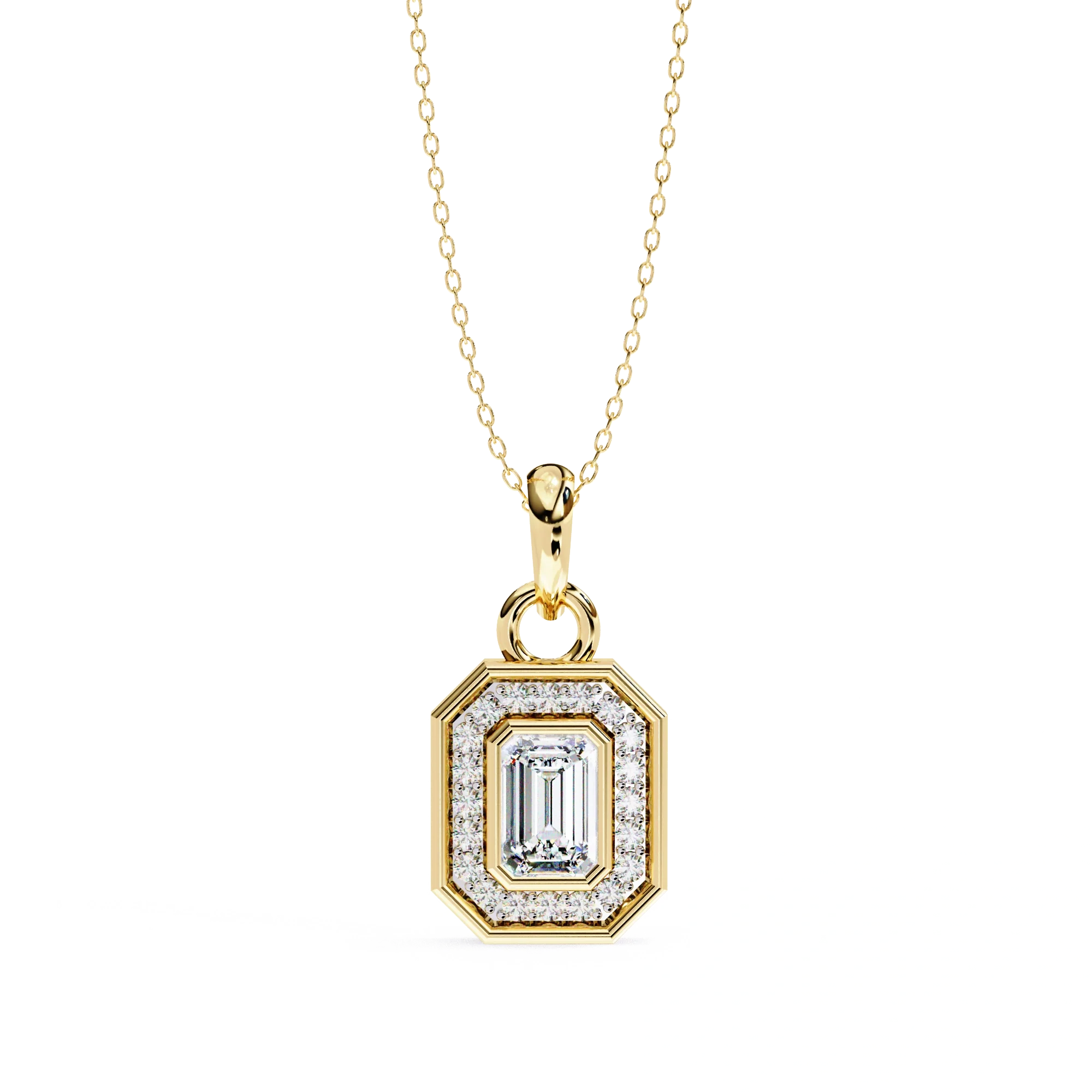 Pendentif halo de diamants de laboratoire taille émeraude de 0,95 ct en or blanc - Or jaune 10 carats / Diamant de laboratoire