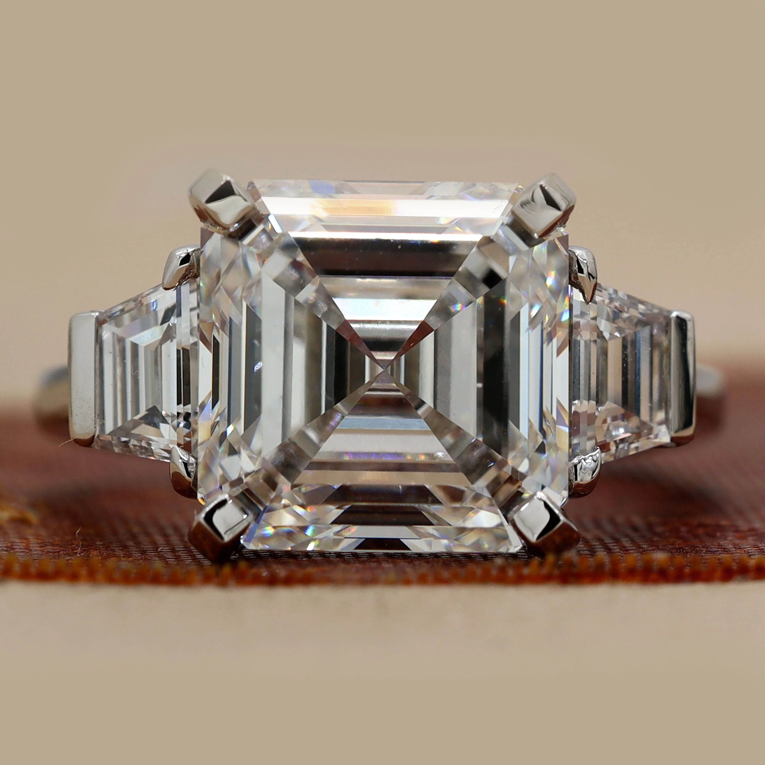 6.84 Ct Asscher Cut Three Stone Diamond Engagement Ring — Engagement Rings
