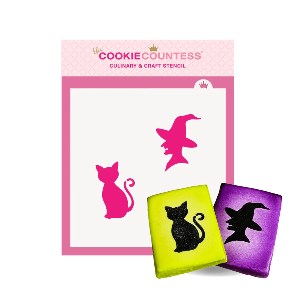 Pochoir silhouette de sorcière et de chat