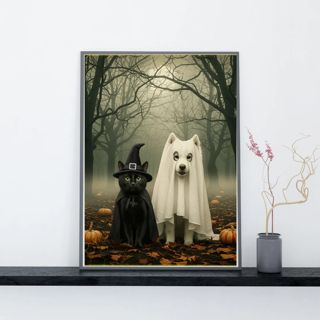 Fur-ight Night – Halloween Cat & Dog Wall Art Unframed Print — Wall Decor