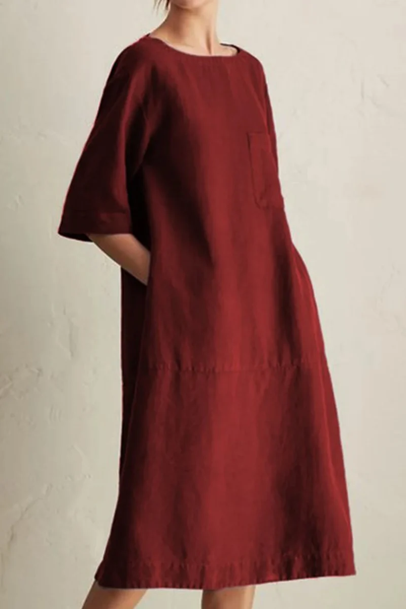 5月3号修改过标题 Loose Cotton Linen Midi Dress Short Sleeve Round Neck Burgundy S — Womens Dresses