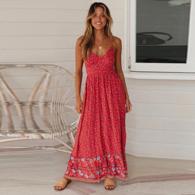 Boho Beach Hut Women's Floral Print Spaghetti Strap Maxi Dress Red S