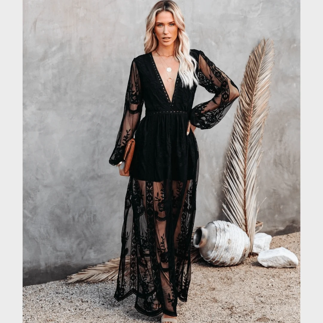 Boho Beach Hut Black Lace Maxi Dress - Women's Size L — Womens Dresses