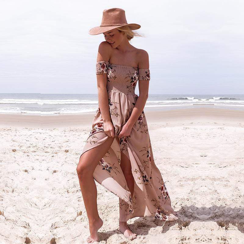 Boho Beach Hut Off-Shoulder Floral Maxi Sundress Khaki 3XL — Womens Dresses
