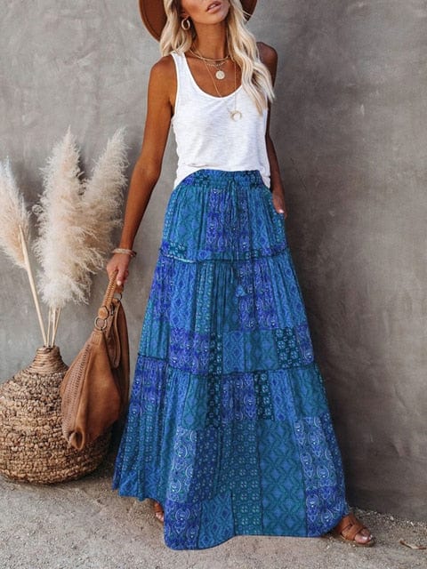 Boho Beach Hut Floral Print Bohemian Maxi Skirt Blue Medium — Women's Skirts