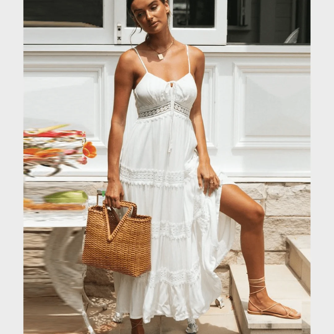 Boho Beach Hut Spaghetti Strap White Long Summer Dress - Size S — Womens Dresses