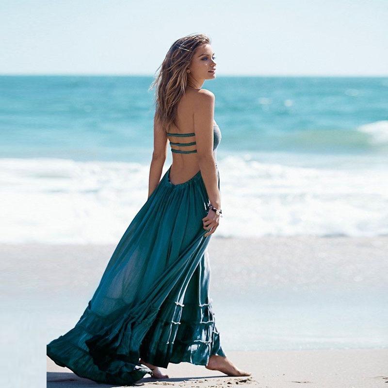 Boho Beach Hut Hippie Backless Halter Dress in Blue Size M