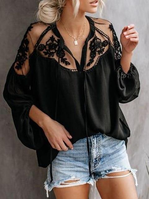Boho Beach Hut Bohemian Lace Long Sleeve Blouse Black L — Fashion Accessories