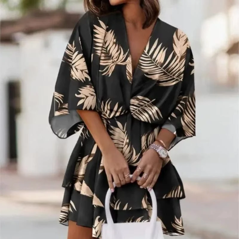 Boho Beach Hut Black Floral Mini Dress with Leaf Print - Size M