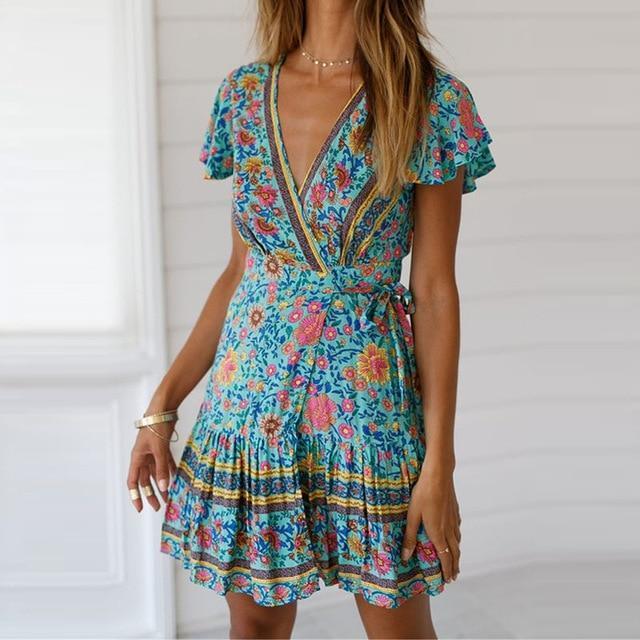 Boho Beach Hut Mini-robe à imprimé floral vert - Taille Petite — Robes pour femmes