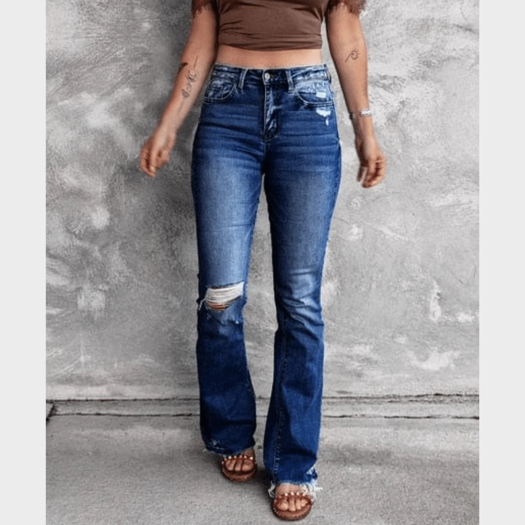 Boho Beach Hut Jean Taille Haute Déchiré Jambe Évasée Bleu Foncé M — Accessoires de mode