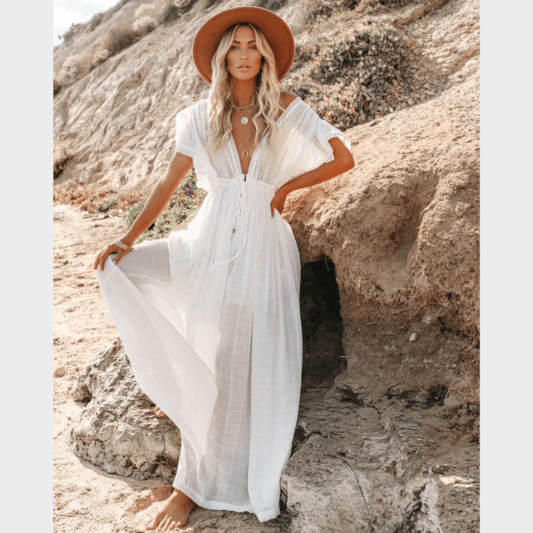 Boho Beach Hut Casual Summer Beach Cover Up Dress - White One Size