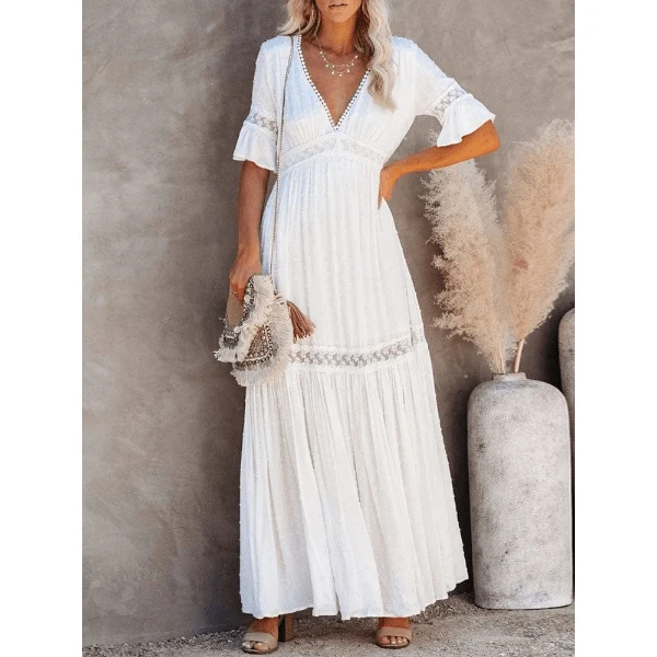 Boho Beach Hut Lace High Waist V-Neck Ruffle Sleeve Maxi Dress White S