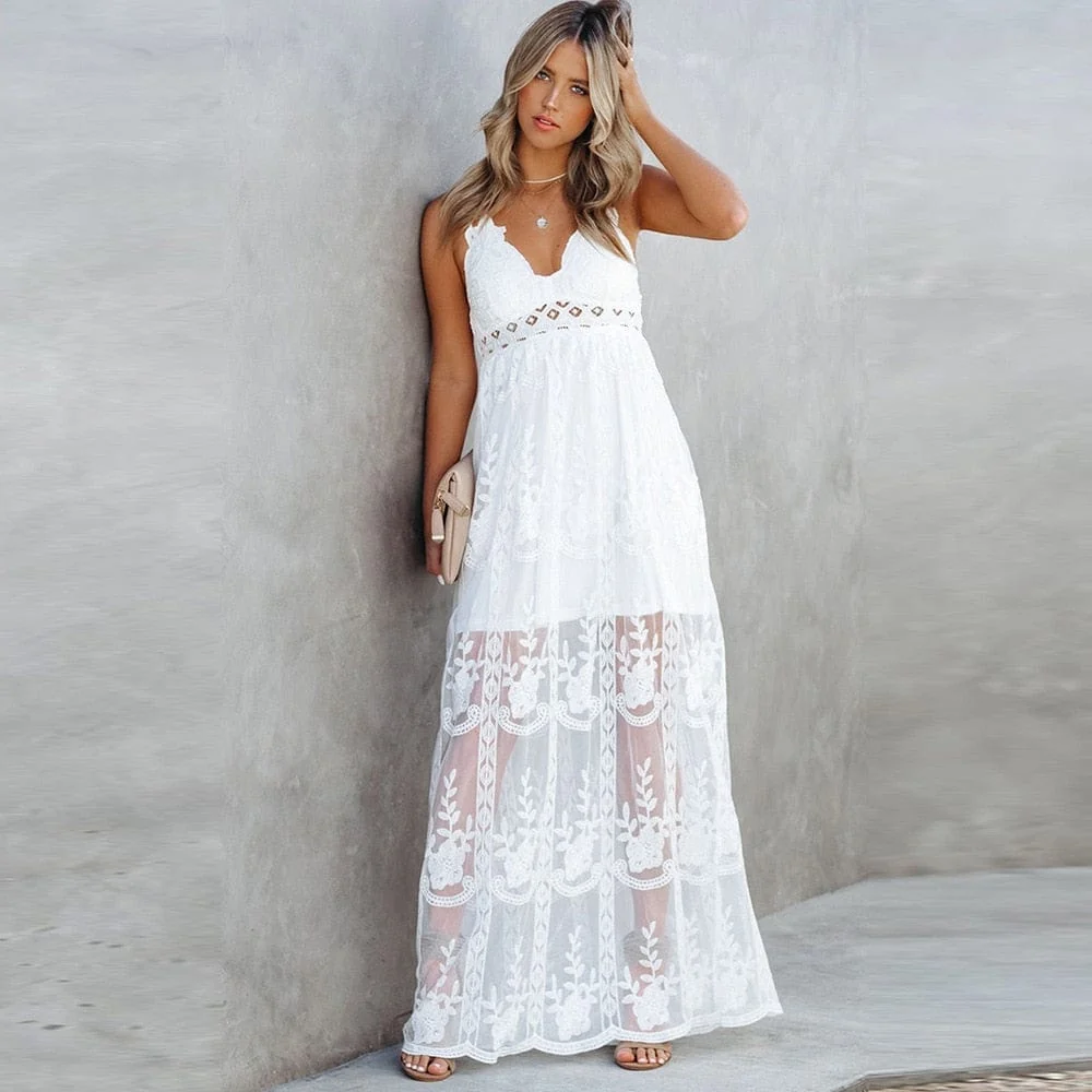 Boho Beach Hut Robe Longue en Dentelle à Bretelles Spaghetti Blanc S — Robes pour femmes