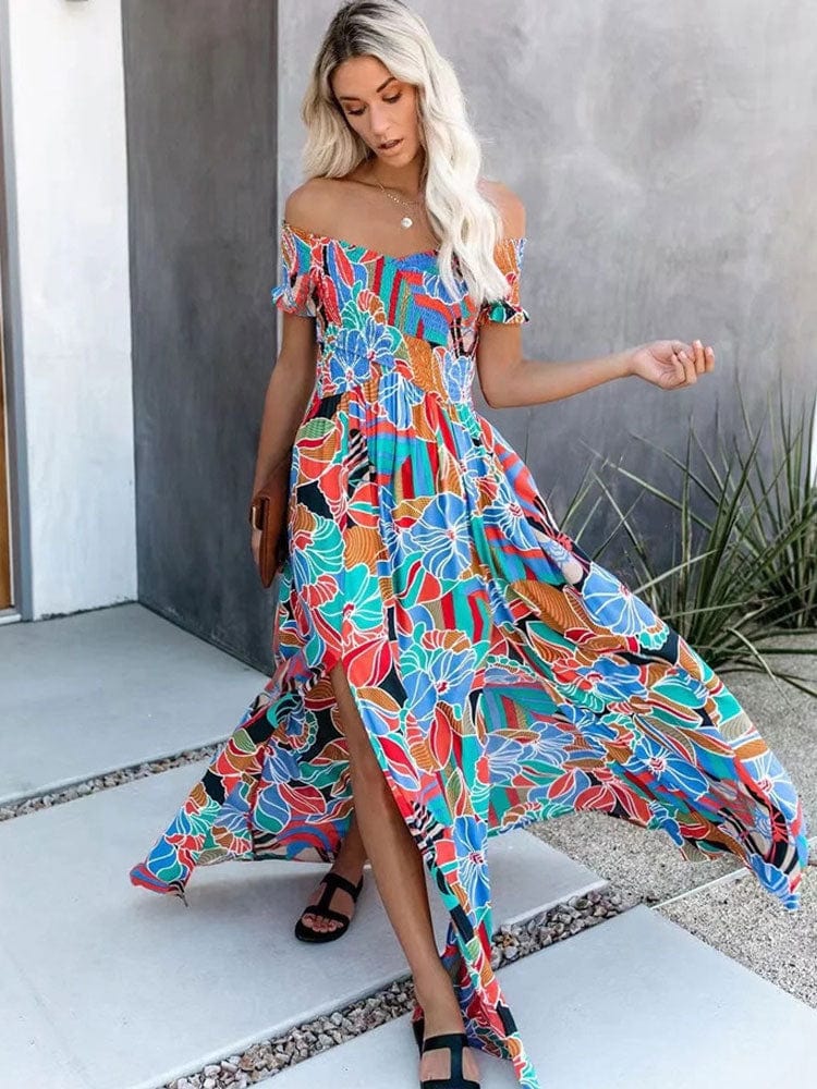 Boho Beach Hut Off Shoulder Colorful Floral Maxi Dress - Blue / XL