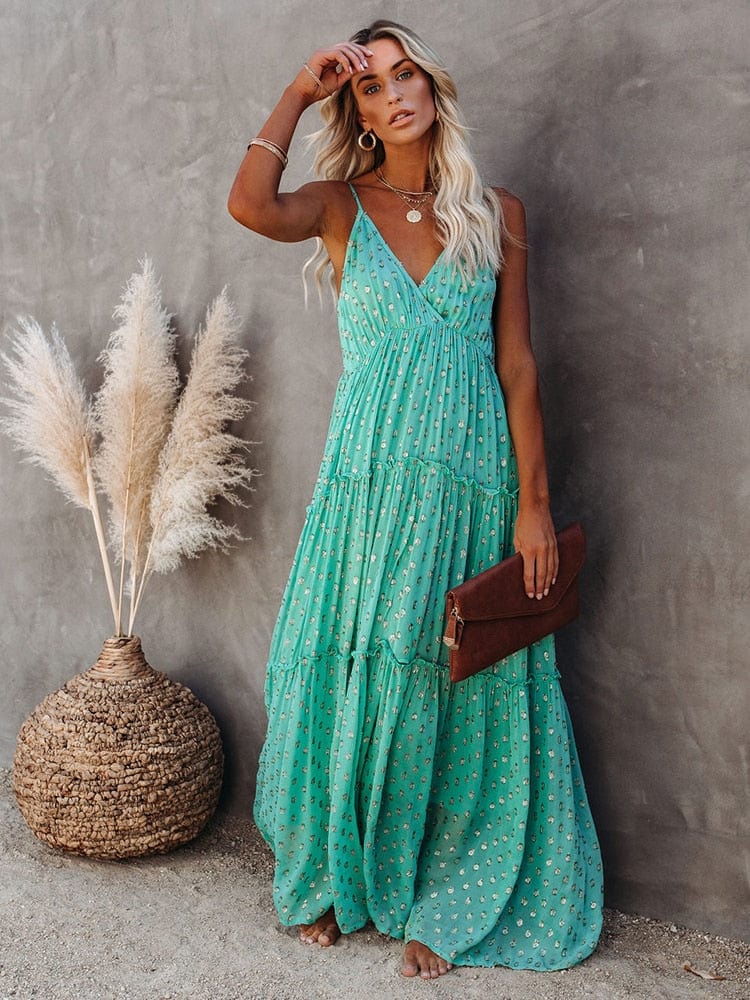 Boho Beach Hut Bohemian Floral Maxi Sundress in Green, Size L