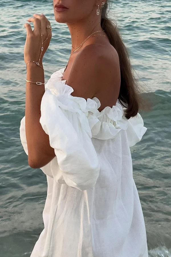 4月29 Women's Off Shoulder Puff Sleeve Cotton Linen Midi Dress White