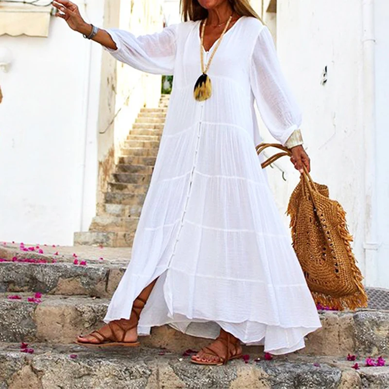 5月3号 Cotton Linen Tiered Maxi Dress Loose Button Up Long Sleeve White S — Womens Dresses