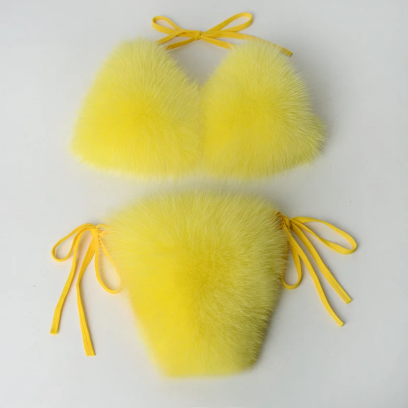 Ensemble de bikini rayé arc-en-ciel en fausse fourrure d'été 2 pièces pour femme - Jaune — Accessoires de mode