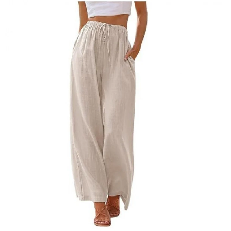 Pantalon Palazzo en coton et lin pour femme, jambe large, pantalon de plage avec poches, abricot S — Accessoires de mode