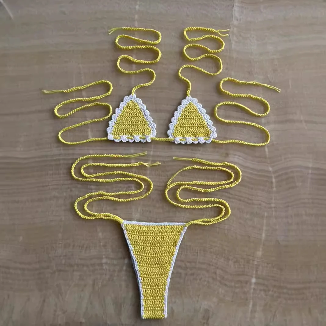 Maillot de bain bikini crocheté à la main Beach Summer Femme Jaune et Blanc — Accessoires de mode