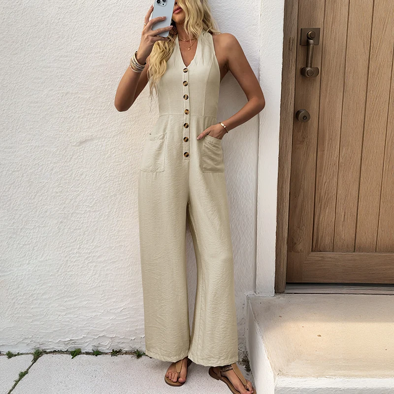 szsbfzyfs Combinaison décontractée sans manches à jambes larges pour femme avec poches Kaki S — Accessoires de mode