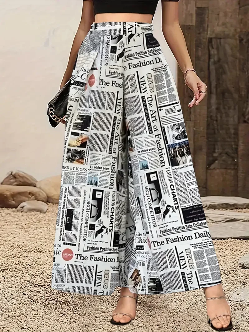 aofmzn Pantalon Palazzo à jambes larges imprimé journal blanc pour femme Taille S — Accessoires de mode